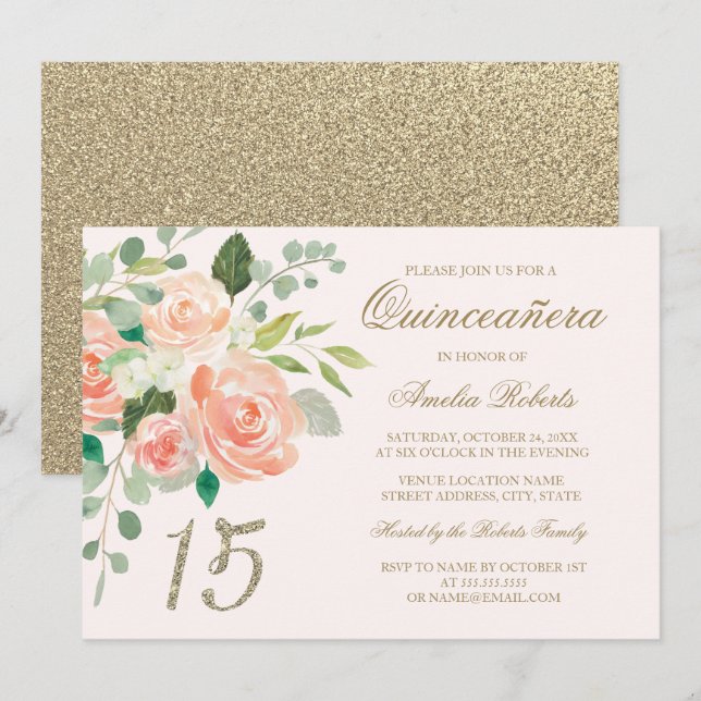 Invitación Purpurina dorado Rubor Peach Floral Quinceanera (Anverso / Reverso)