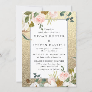 Invitación Purpurina Dorado Rubor White Floral Elegante Boda