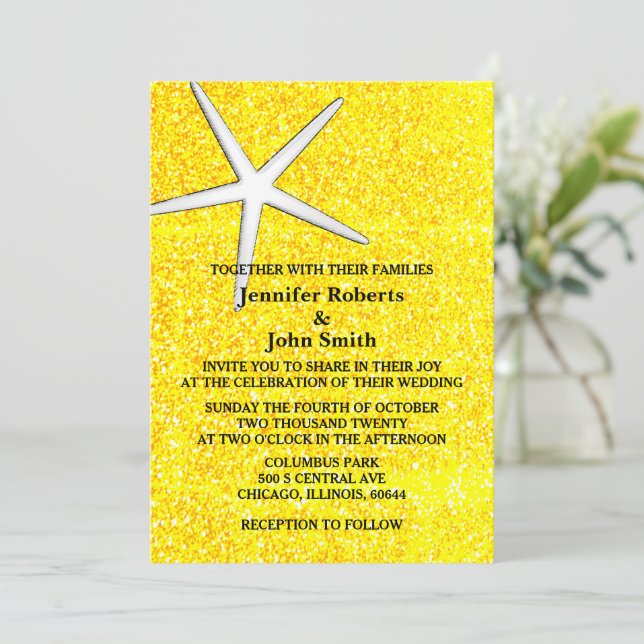 Invitación Purpurina dorado Starfish Beach Boda Real (Anverso de pie)