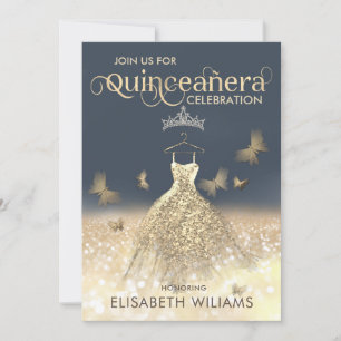 Invitación Purpurina dorado vestido brillante gris tiara Quin