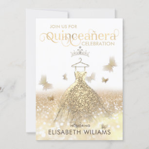 Invitación Purpurina dorado vestido brillante gris tiara Quin