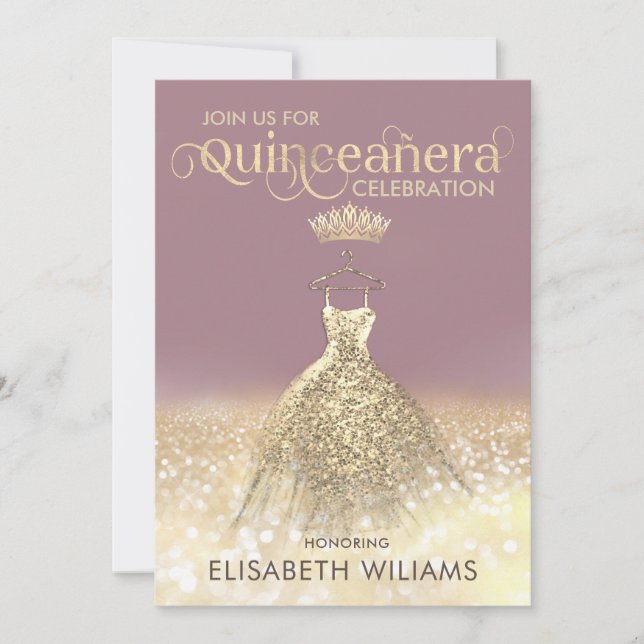 Invitación Purpurina dorado vestido brillante gris tiara Quin (Anverso)
