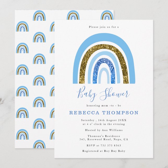 Invitación Purpurina dorado y azul lindo Baby Shower arcoiris (Anverso / Reverso)