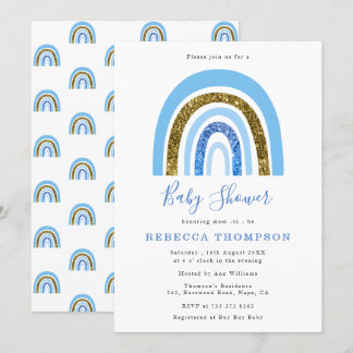 Invitación Purpurina dorado y azul lindo Baby Shower arcoiris