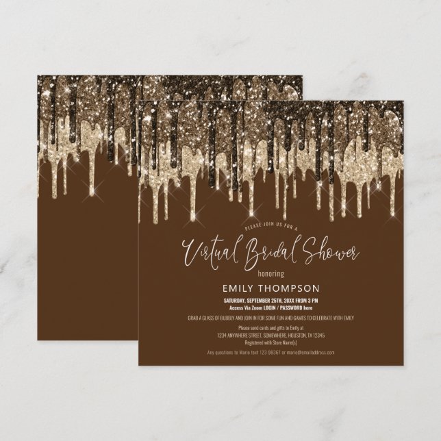 Invitación Purpurina Drip Gold Brown Virtual Bridal Shower (Anverso / Reverso)
