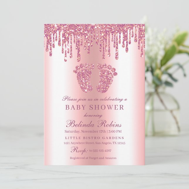Invitación Purpurina Drip Pies de Bebé Rosa Baby Shower (Anverso de pie)