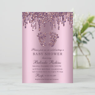 Invitación Purpurina Drip Pies Purple Baby Baby Shower