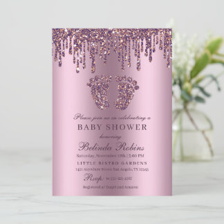 Invitación Purpurina Drip Pies Purple Baby Baby Shower
