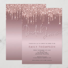 Invitación Purpurina Drip Rosa Gold Script Bridal Shower