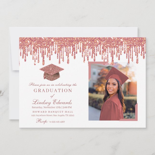 Invitación Purpurina Drip Rosa Oro y Graduación Blanca Foto (Anverso)