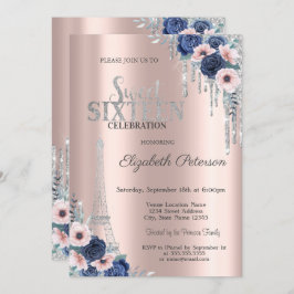 Invitación Purpurina Drip, Rosas azules de la Torre Eiffel Du