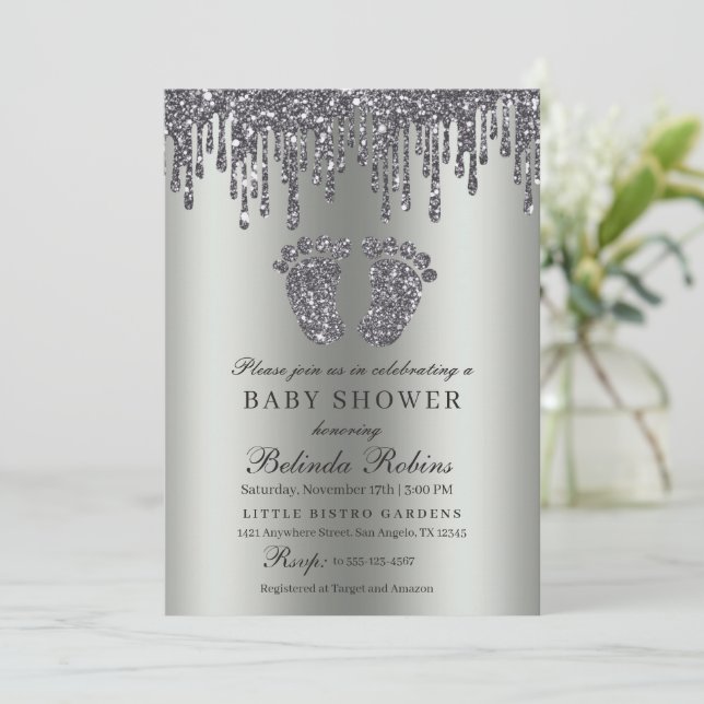 Invitación Purpurina Drip Silver Baby Feet Baby Shower (Anverso de pie)