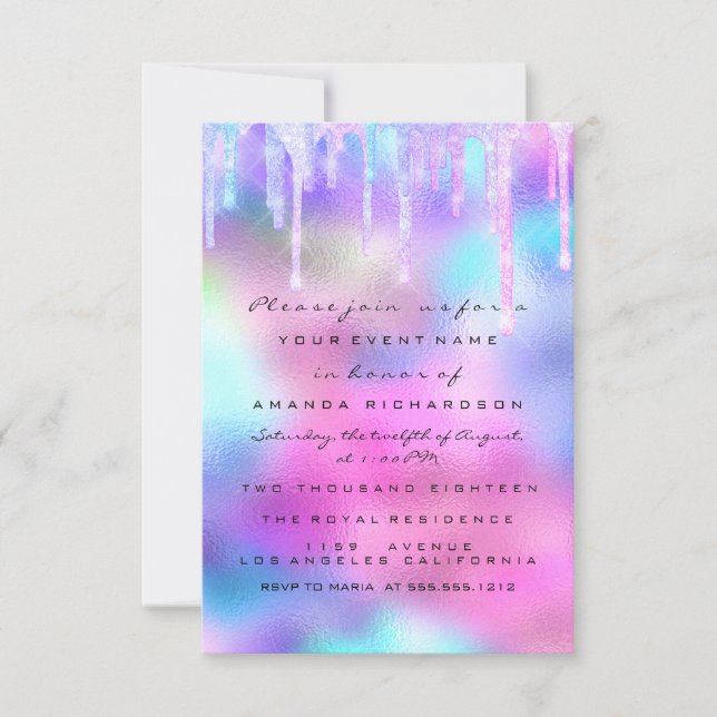 Invitación Purpurina Drip Silver Unicorn Chica de novias 16°  (Anverso)