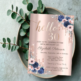 Invitación Purpurina Drip Vestido Flores Azules 30 cumpleaños