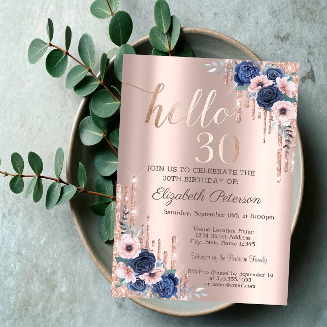 Invitación Purpurina Drip Vestido Flores Azules 30 cumpleaños (Subido por el creador)