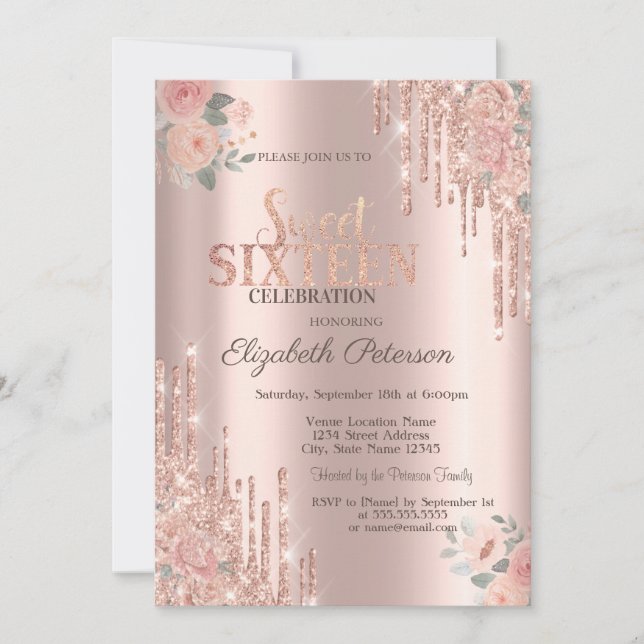 Invitación Purpurina Drips Boho Rosas Rosa Gold Sweet 16 (Anverso)