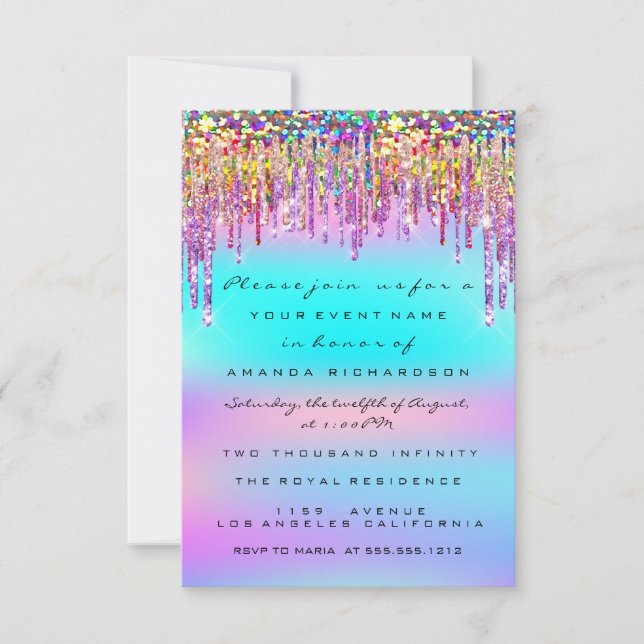 Invitación Purpurina Drips Bridal Shower Sweet 16th Holograph (Anverso)