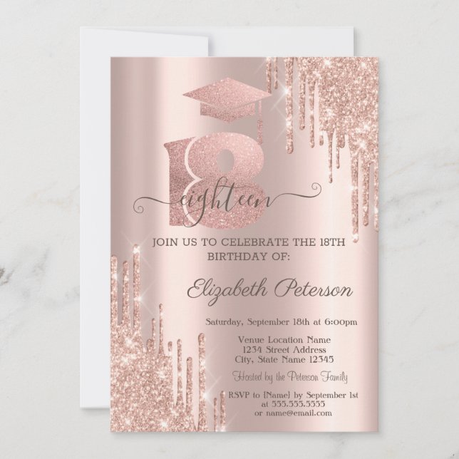 Invitación Purpurina Drips Copa de Oro Rosa 18º cumpleaños (Anverso)