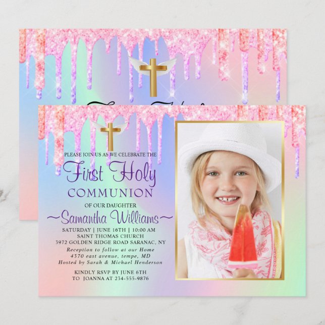 Invitación Purpurina Drips Foto Holográfica Primera Comunión (Anverso / Reverso)