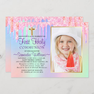 Invitación Purpurina Drips Foto Holográfica Primera Comunión