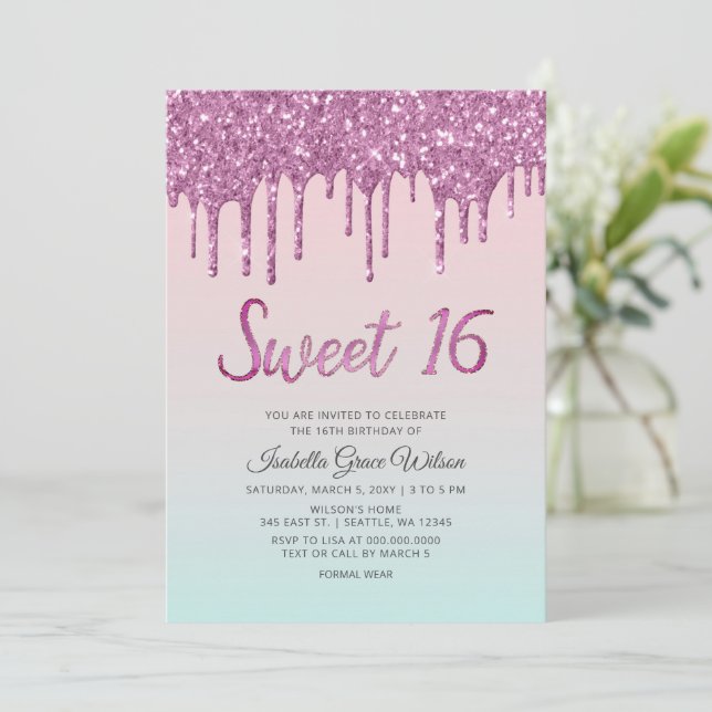 Invitación Purpurina Drips Holografía Dulce Rosa 16 Cumpleaño (Anverso de pie)