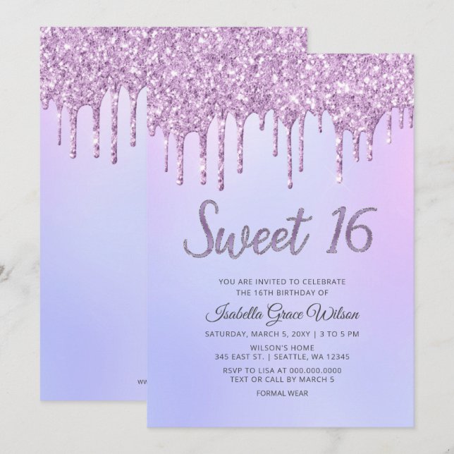 Invitación Purpurina Drips Holograph Purple Sweet 16 Cumpleañ (Anverso / Reverso)