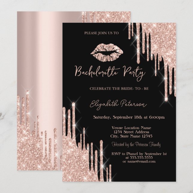 Invitación Purpurina Drips Lips de oro Rosa Negro (Anverso / Reverso)