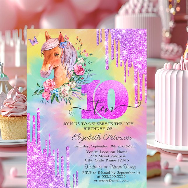 Invitación Purpurina Drips Pony Tie Dye 10 cumpleaños (Subido por el creador)