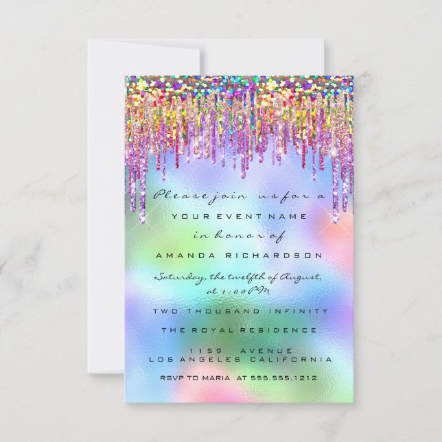 Invitación Purpurina Drips Rosa Bridal 16º Holográfico Arcoir (Anverso)