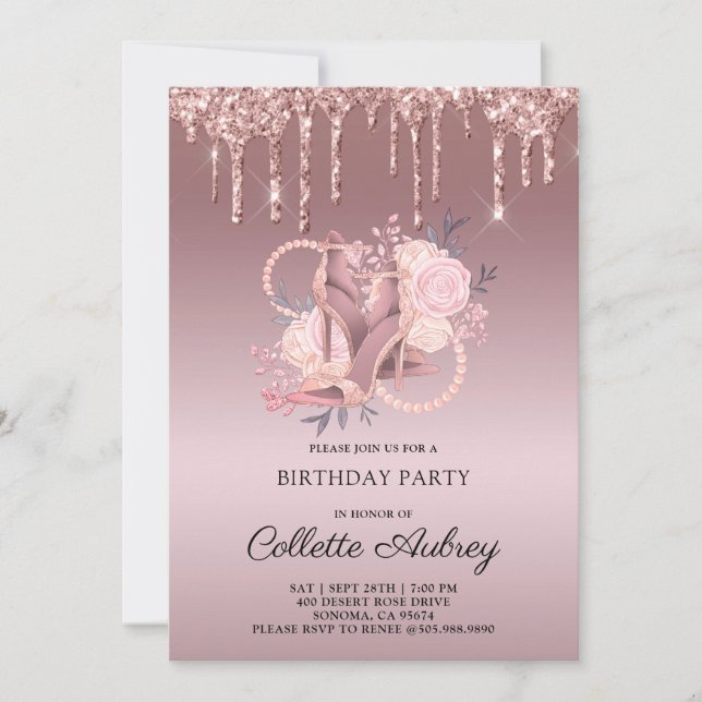 Invitación Purpurina Drips Rosa Dorado Cumpleaños (Anverso)