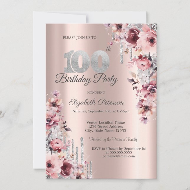 Invitación Purpurina Drips Rosa Dorado Floral Rosa 100 (Anverso)