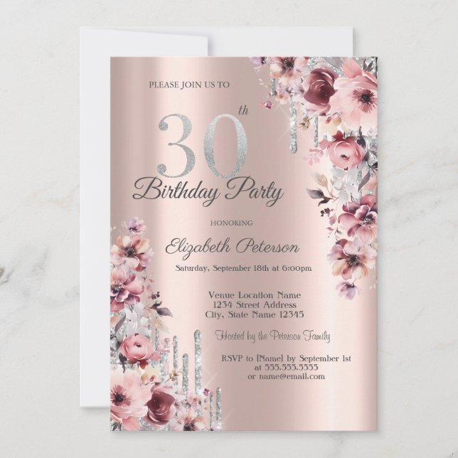 Invitación Purpurina Drips Rosa Dorado Floral Rosa 30 cumplea (Anverso)