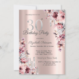 Invitación Purpurina Drips Rosa Dorado Floral Rosa 30 cumplea