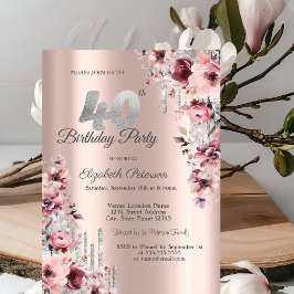 Invitación Purpurina Drips Rosa Dorado Floral Rosa 40 cumplea