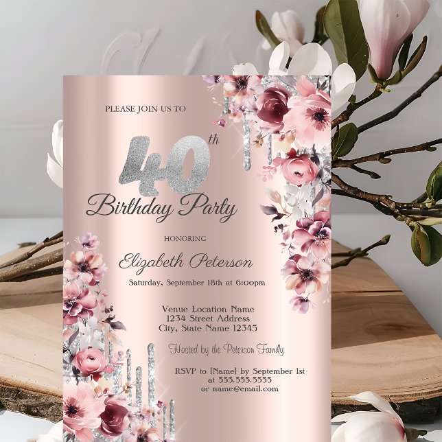 Invitación Purpurina Drips Rosa Dorado Floral Rosa 40 cumplea (Subido por el creador)