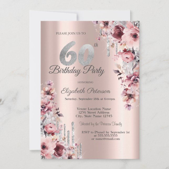 Invitación Purpurina Drips Rosa Dorado Floral Rosa 60 cumplea (Anverso)