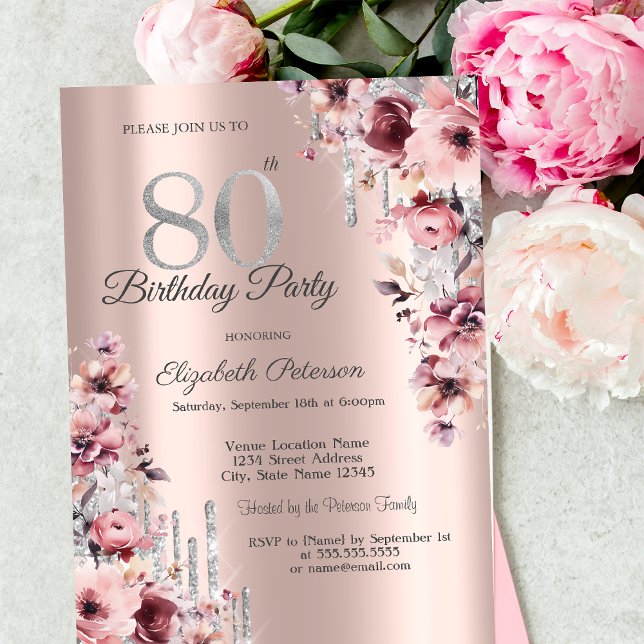 Invitación Purpurina Drips Rosa Dorado Floral Rosa 80º cumple (Subido por el creador)
