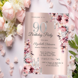 Invitación Purpurina Drips Rosa Dorado Floral Rosa 90 cumplea