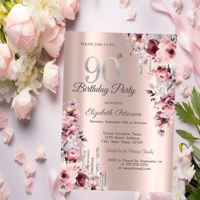 Invitación Purpurina Drips Rosa Dorado Floral Rosa 90 cumplea (Subido por el creador)