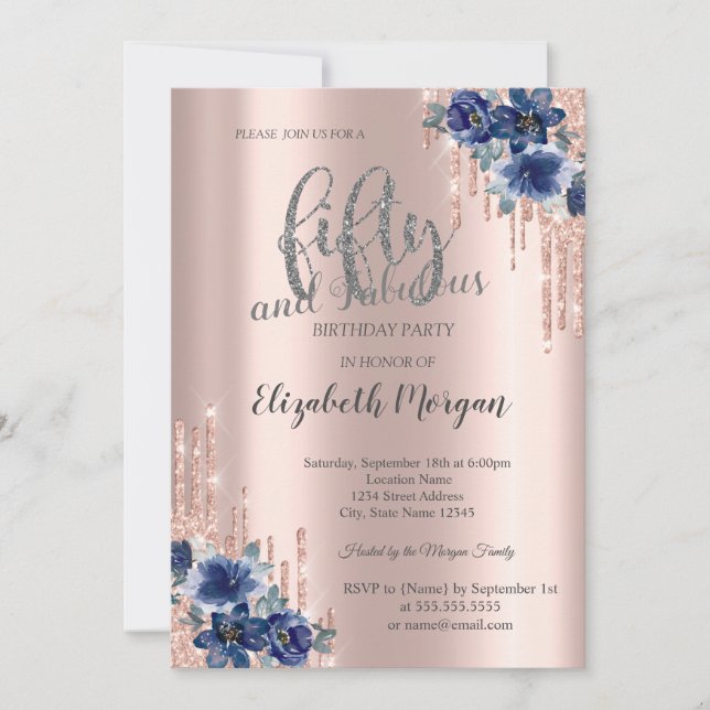 Invitación Purpurina Drips Rosa Flor Azul Oro 50 cumpleaños (Anverso)
