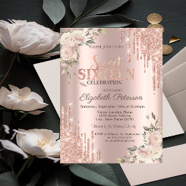 Invitación Purpurina Drips Rosa Floral Dorado Dulce Floral 16