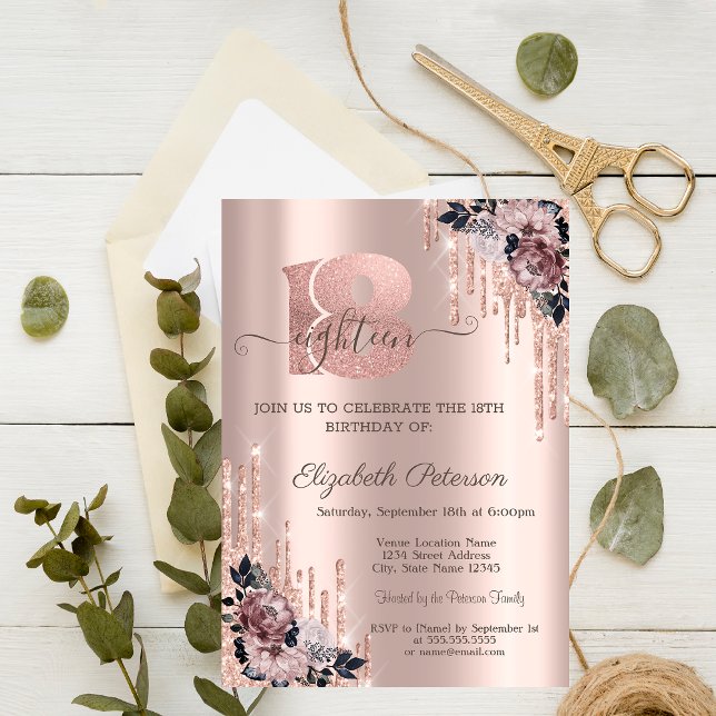 Invitación Purpurina Drips Rosa Flores de Oro 18 cumpleaños (Subido por el creador)