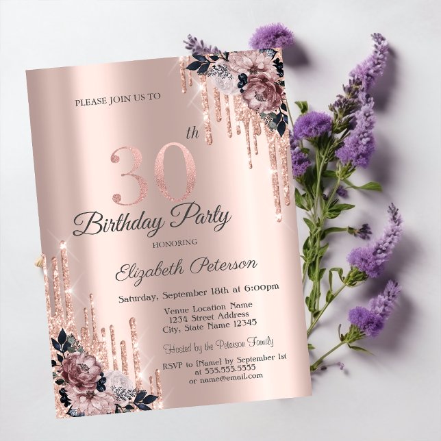 Invitación Purpurina Drips Rosa Flores de Oro 30 cumpleaños (Subido por el creador)
