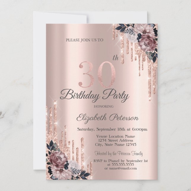 Invitación Purpurina Drips Rosa Flores de Oro 30 cumpleaños (Anverso)