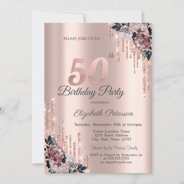 Invitación Purpurina Drips Rosa Flores de Oro 50 cumpleaños (Anverso)