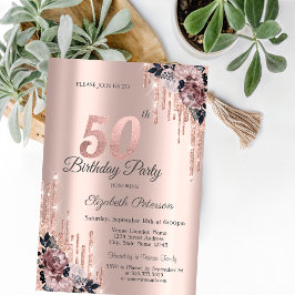 Invitación Purpurina Drips Rosa Flores de Oro 50 cumpleaños