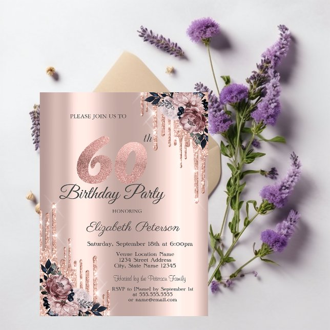 Invitación Purpurina Drips Rosa Flores de Oro 60 cumpleaños (Subido por el creador)
