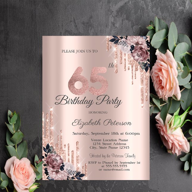 Invitación Purpurina Drips Rosa Flores de Oro 65º cumpleaños (Subido por el creador)