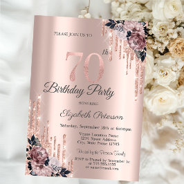 Invitación Purpurina Drips Rosa Flores de Oro 70 cumpleaños