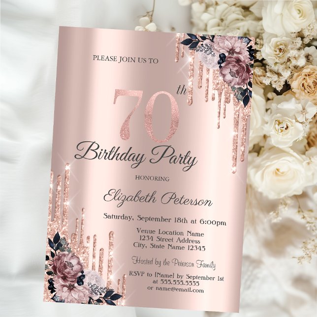 Invitación Purpurina Drips Rosa Flores de Oro 70 cumpleaños (Subido por el creador)